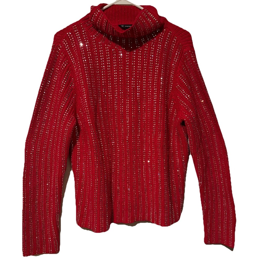 Rhinestone Studded Mock Neck Sweater Sparkle Red Holiday Bling Womens L NWT